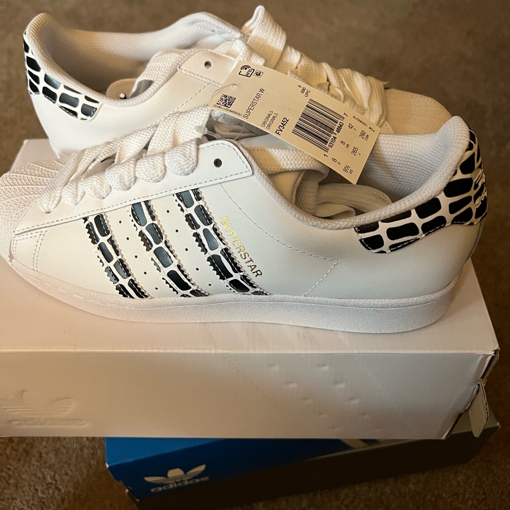 Adidas White Sneakers with Black Patterned Stripes